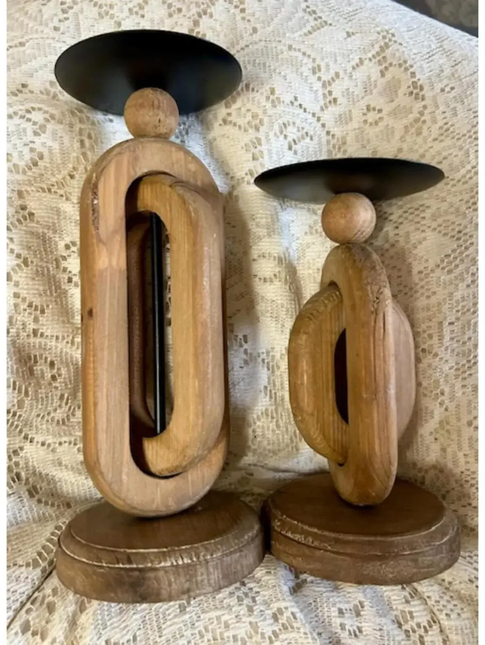 Pair of Wooden Candle Holders Geometric Design with Metal Plates